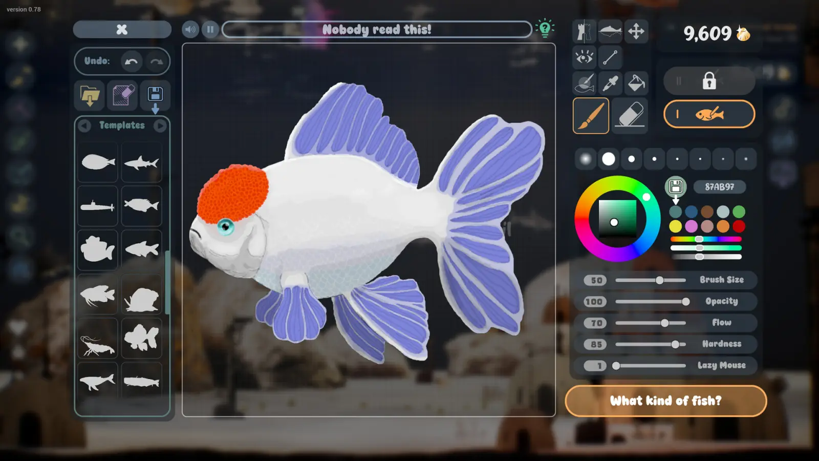 Drawquarium fish editor with brush controls and a named fish