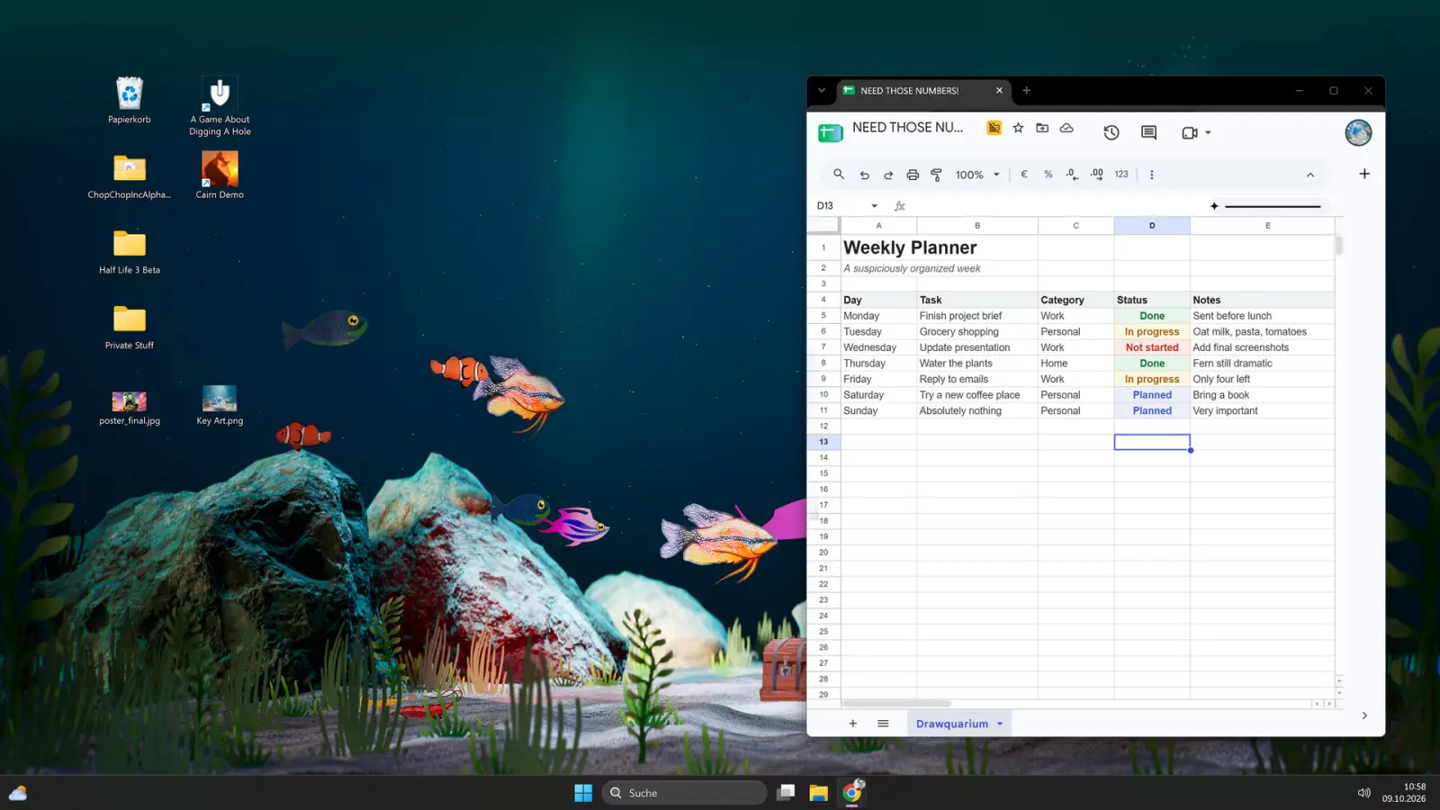 Drawquarium running as a desktop wallpaper behind Windows icons