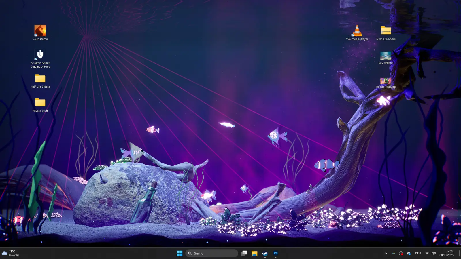 Purple disco lighting inside a Drawquarium wallpaper scene