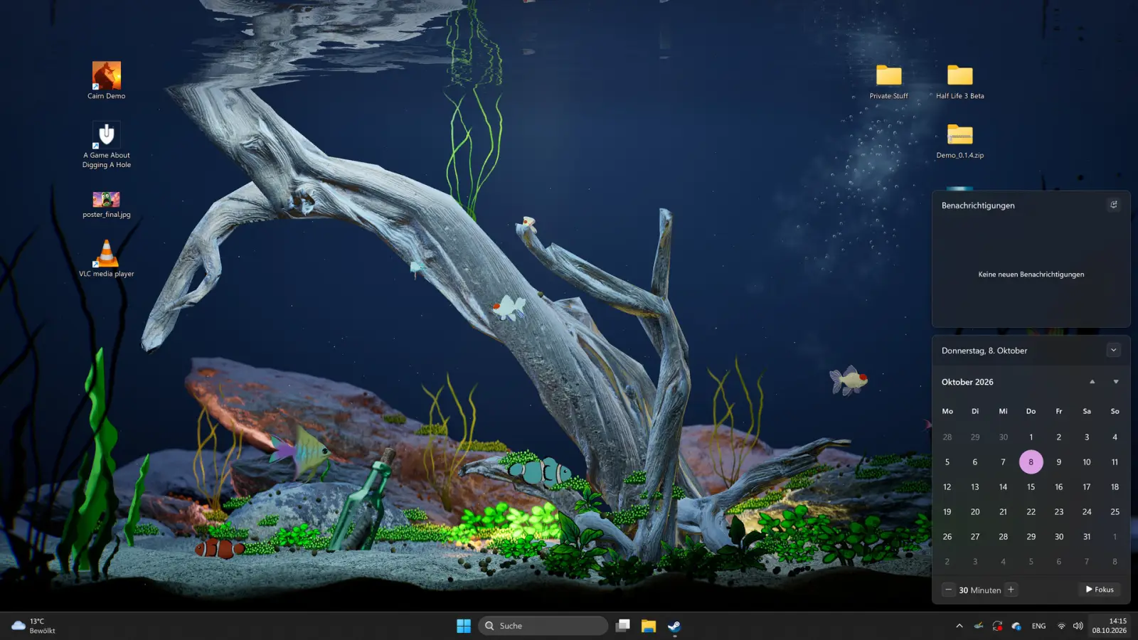 Drawquarium wallpaper beside the Windows calendar